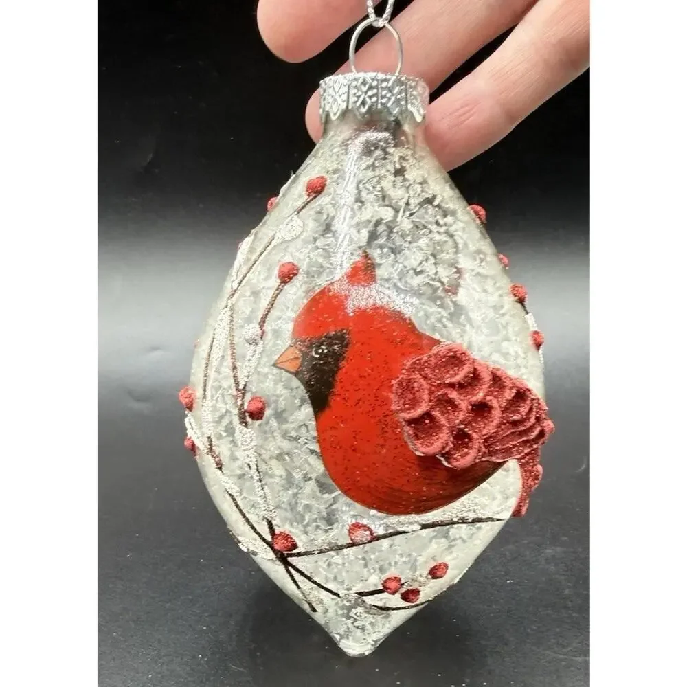 Pier 1 Hand Blown Glass Red Cardinal Tear Drop Christmas Ornament -Lo16